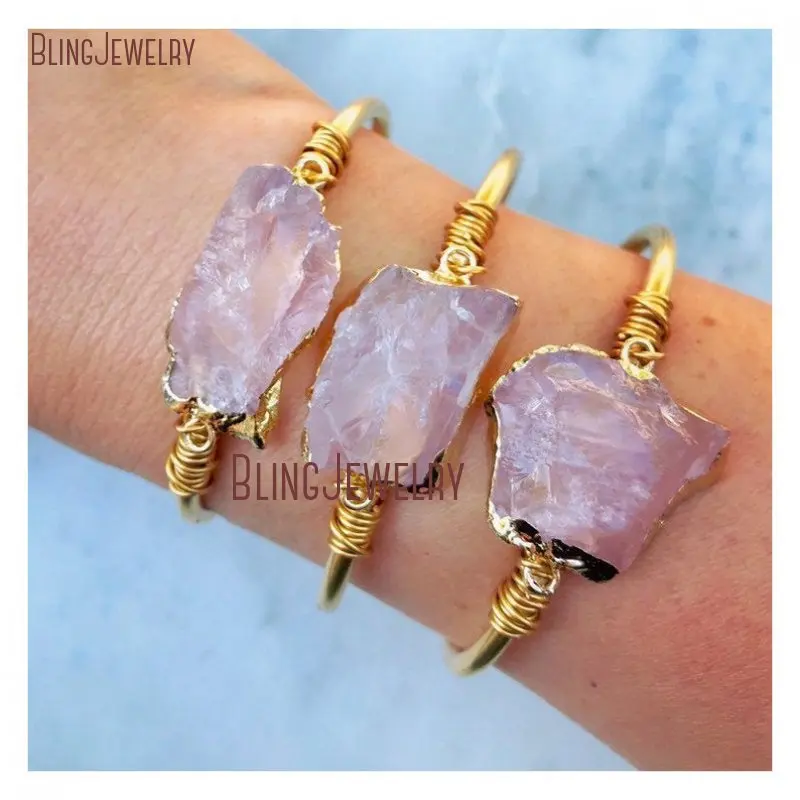 Rose Gold Bracelet - 천연 수정 로즈 쿼츠, 스테인리스 스틸
